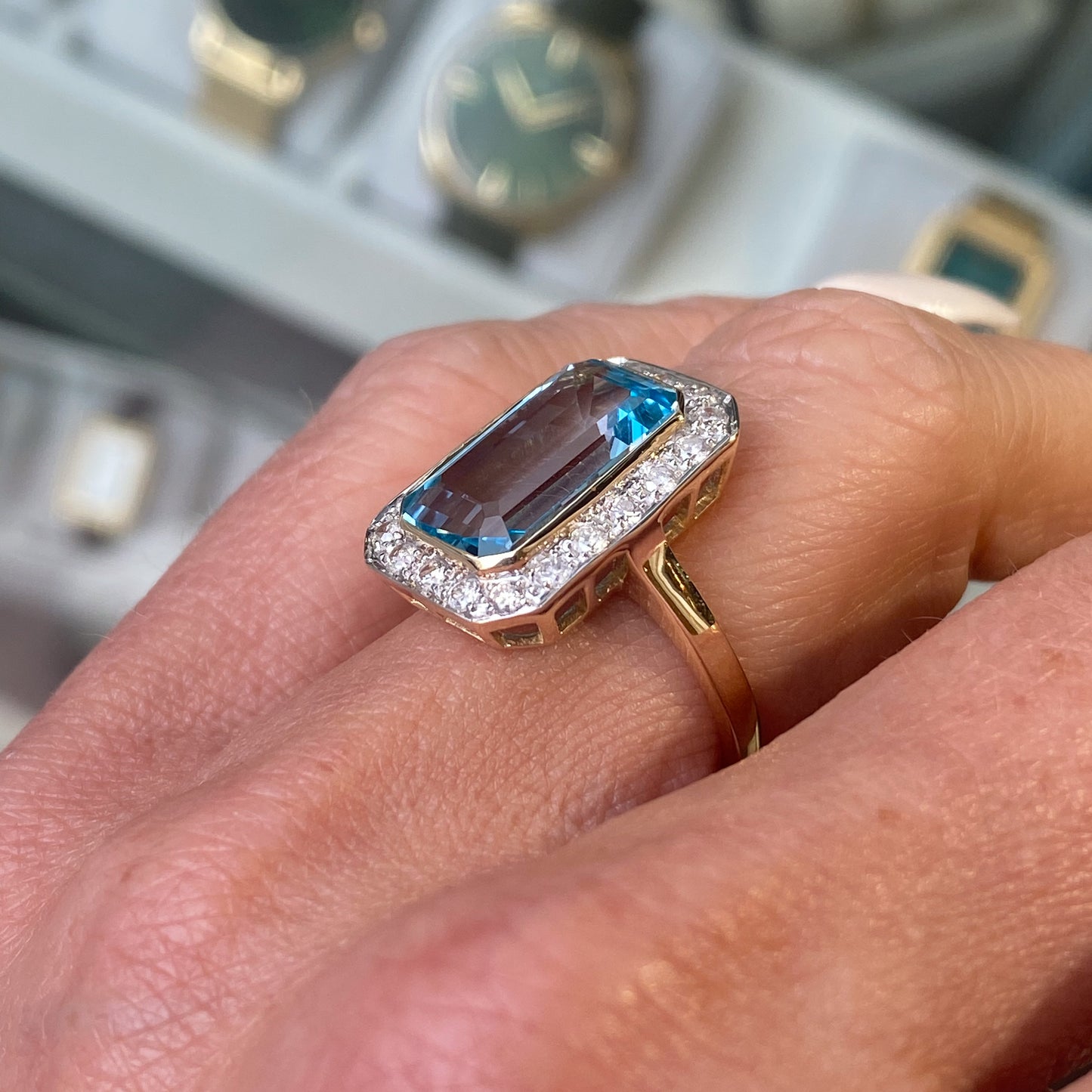 9ct Gold Elongated Blue Topaz & Diamond Ring - John Ross Jewellers