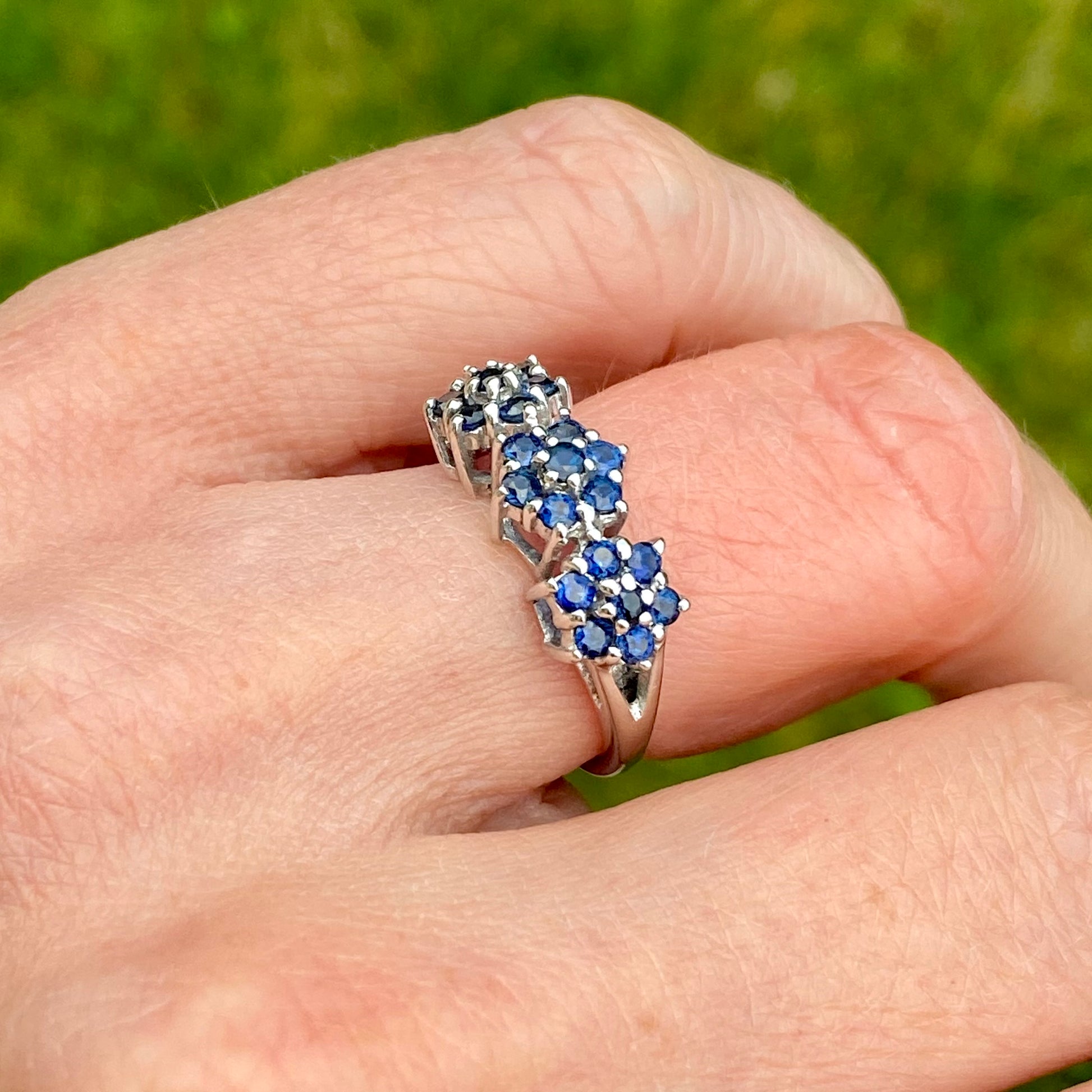 9ct White Gold Sapphire Floral Trilogy Ring - John Ross Jewellers