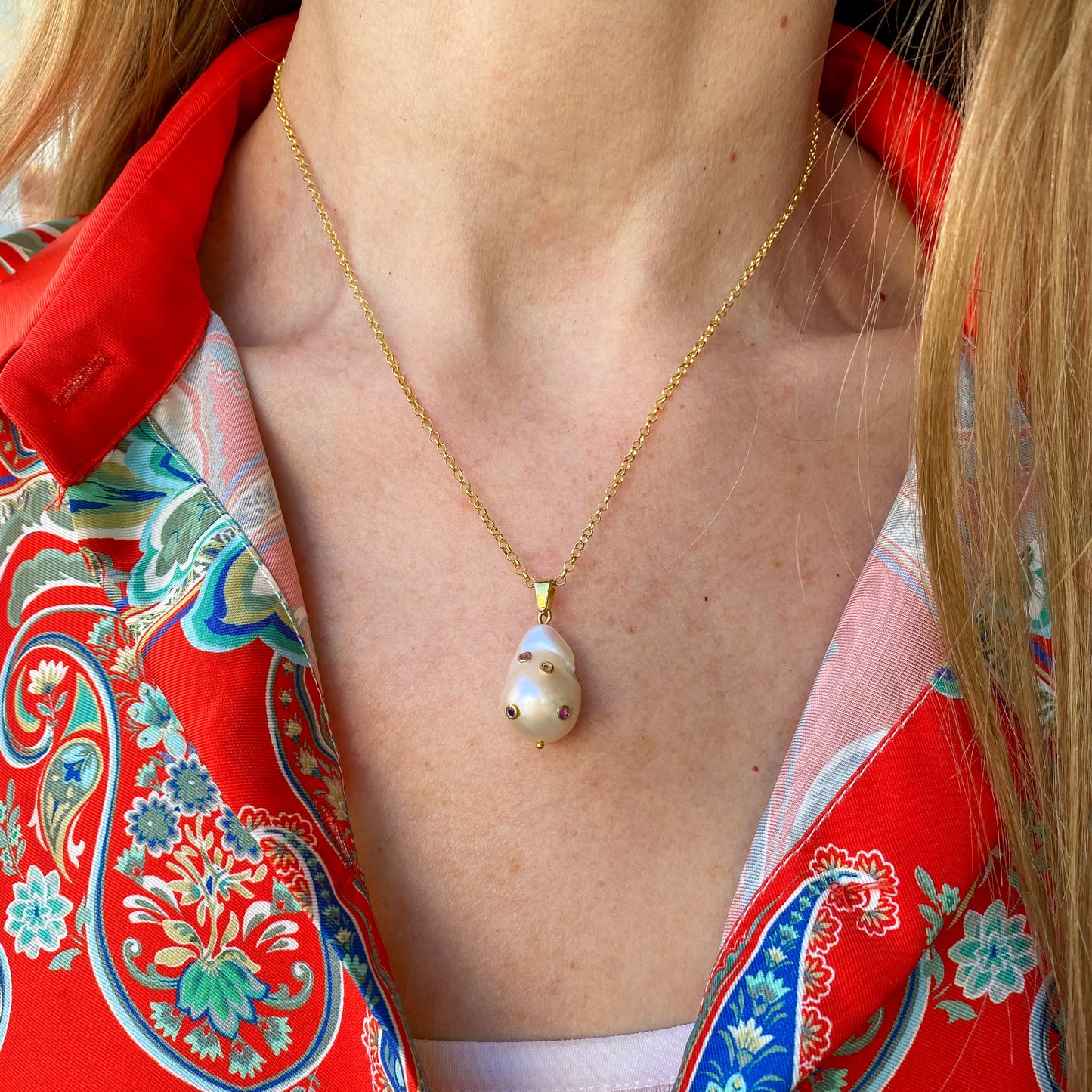 Rainbow Studded Baroque Pearl Pendant Necklace - John Ross Jewellers