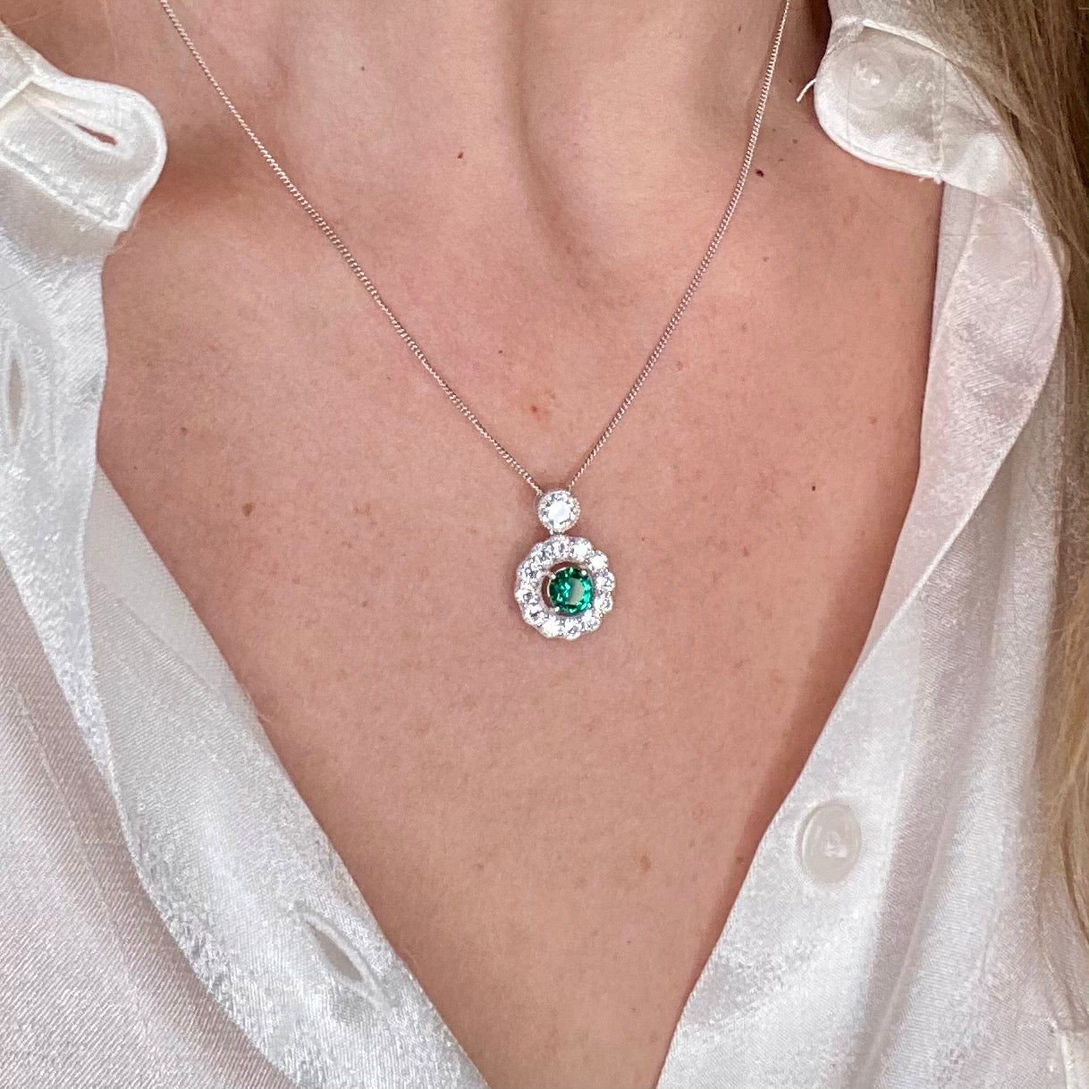 Silver Created Emerald CZ Halo Necklace - John Ross Jewellers