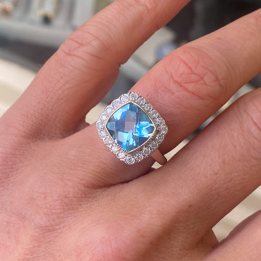 9ct Gold Blue Topaz & Diamond Ring - John Ross Jewellers