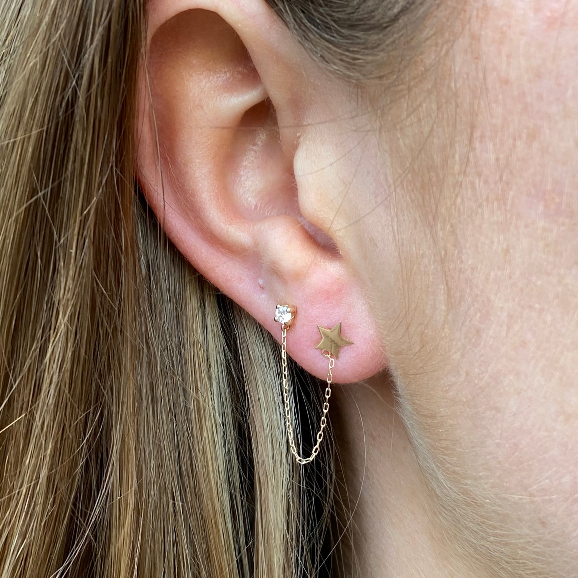 9ct Gold CZ & Star Chain Double Stud Earring - John Ross Jewellers