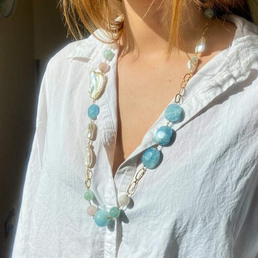 18ct Gold Silky Aquamarine, Rose Quartz & Baroque Pearl Statement Necklace - John Ross Jewellers