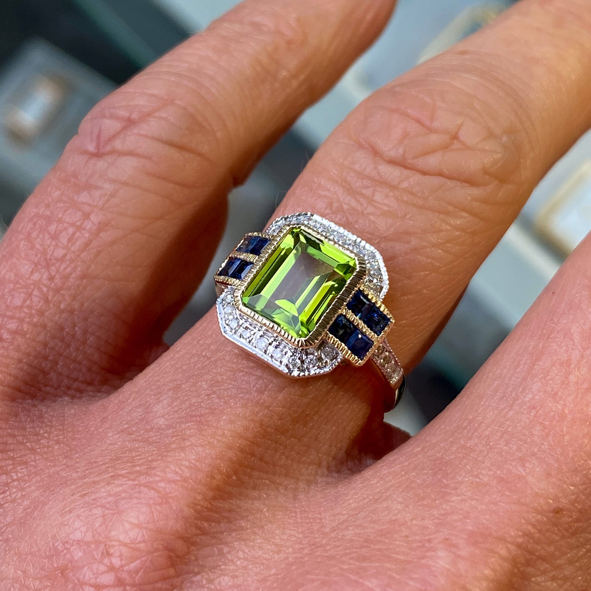 9ct Gold Peridot, Sapphire & Diamond Ring - John Ross Jewellers