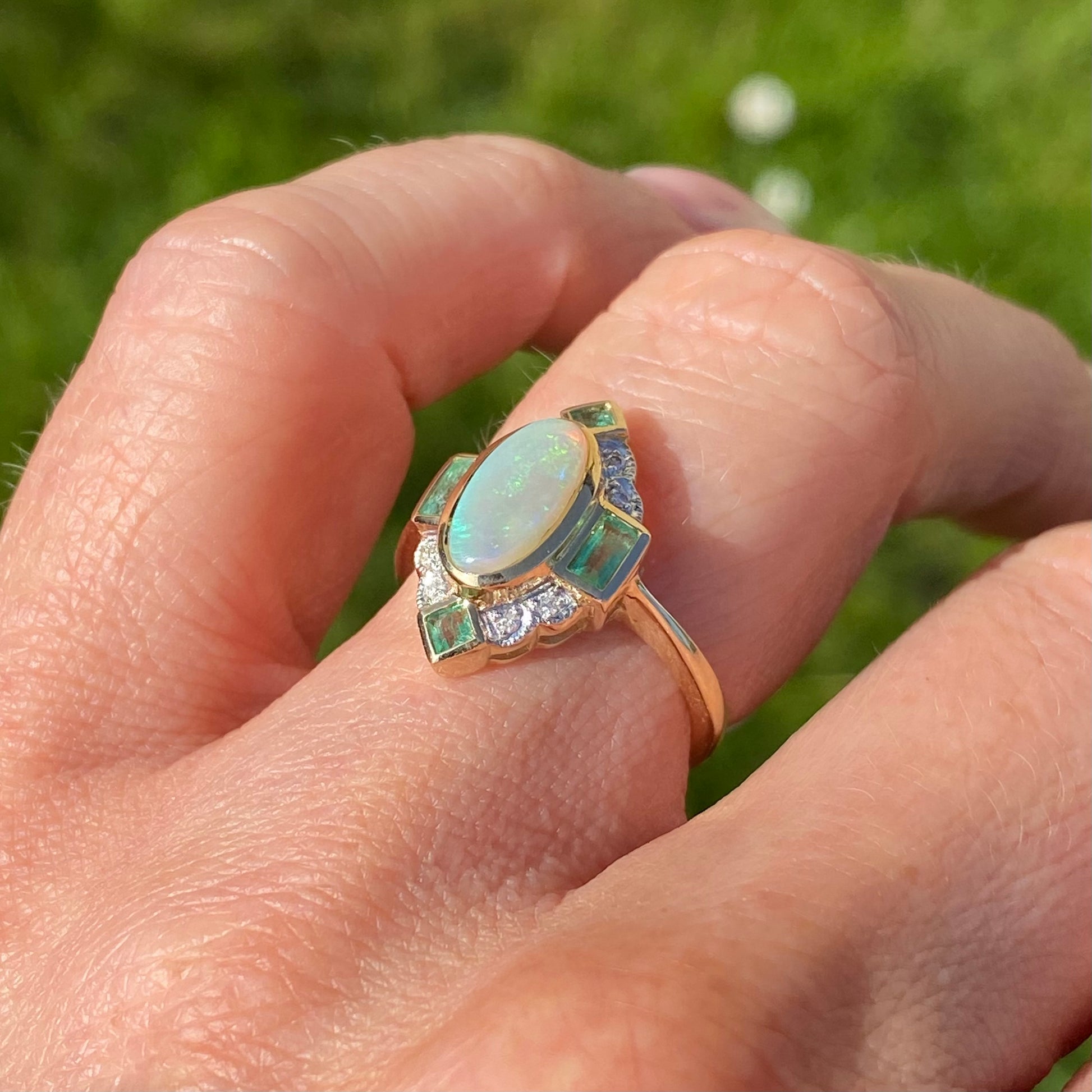 9ct Gold Gem Opal, Emerald & Diamond Ring - John Ross Jewellers
