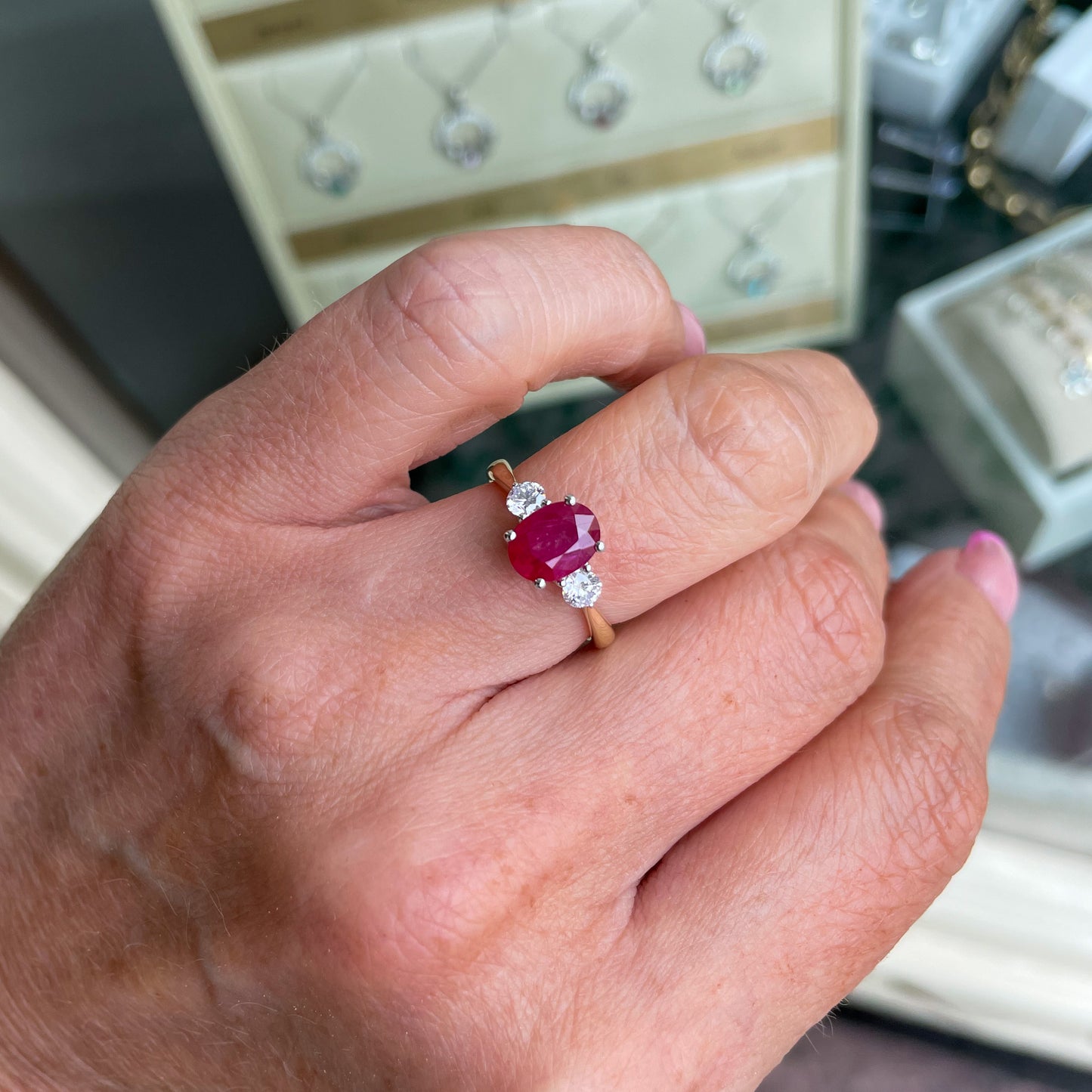 18ct Gold Ruby & Diamond Trilogy Ring - John Ross Jewellers