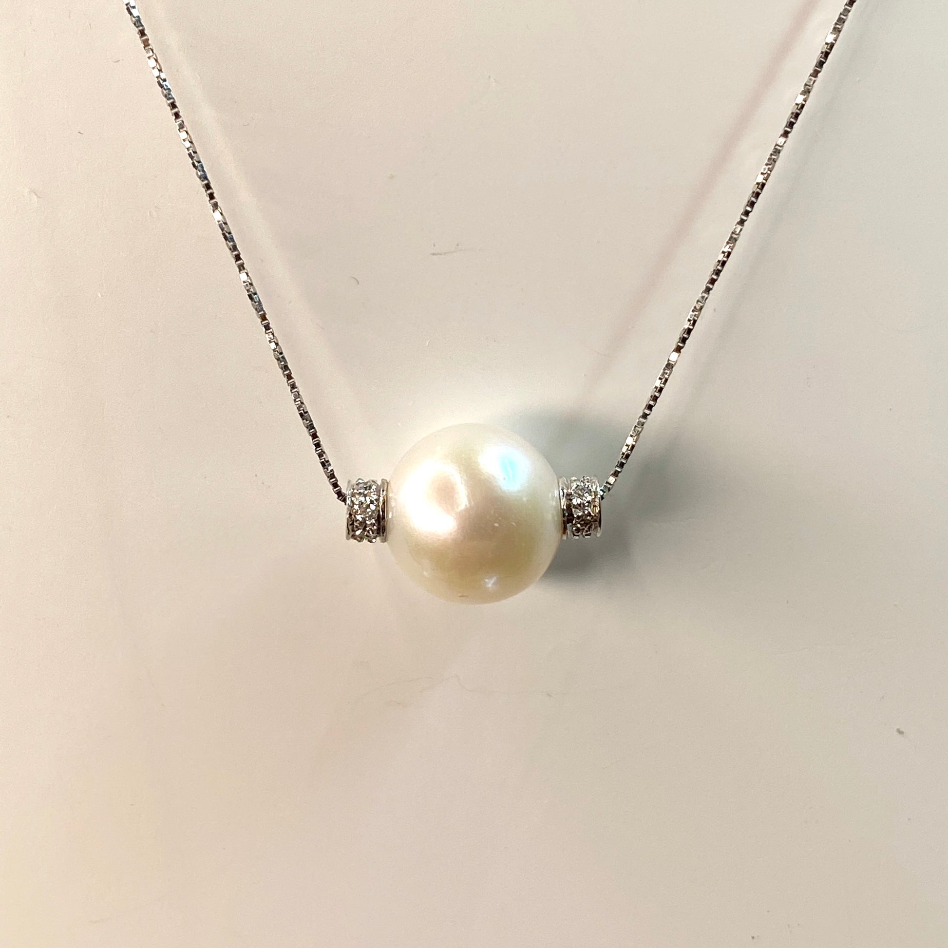 18ct White Gold Cultured Pearl & Diamond Slider Necklace 0.06Ct - John Ross Jewellers