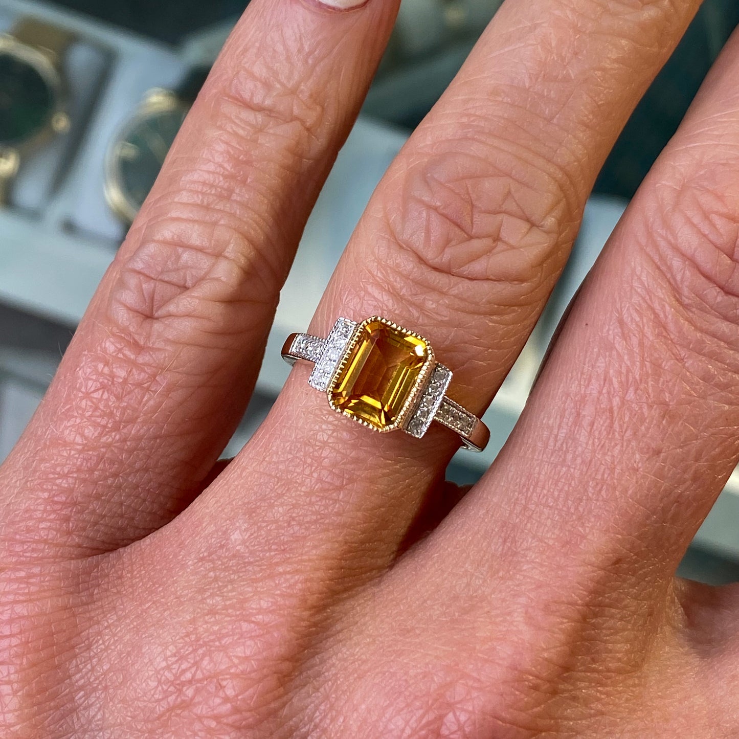 9ct Gold Deco Style Citrine & Diamond Ring - John Ross Jewellers