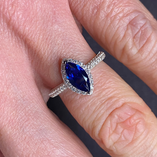 Silver Created Sapphire CZ Marquis Ring - John Ross Jewellers