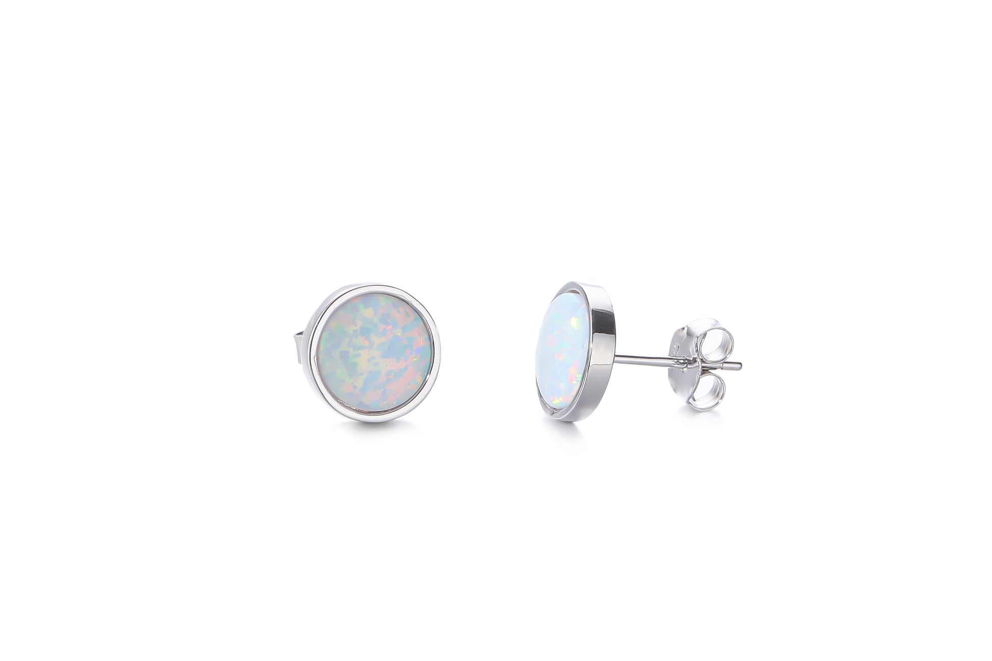 Silver Bezel Set White Opalique Stud Earrings - John Ross Jewellers