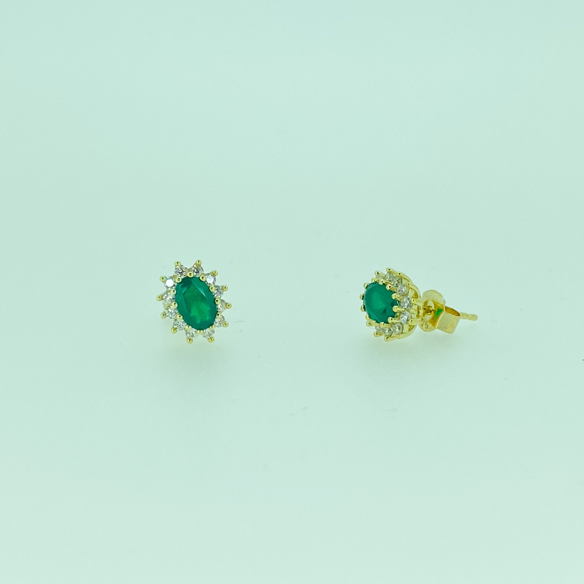 9ct Gold Green Agate & CZ Oval Stud Earrings - John Ross Jewellers