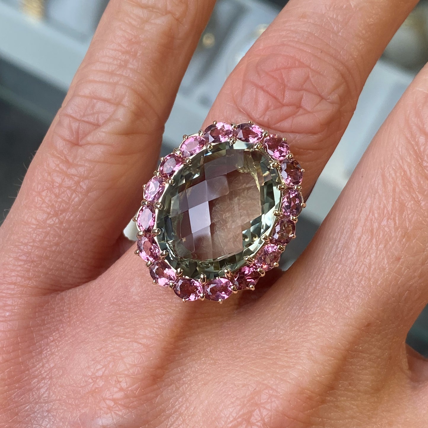 9ct Gold Green Amethyst & Pink Tourmaline Cocktail Ring - John Ross Jewellers