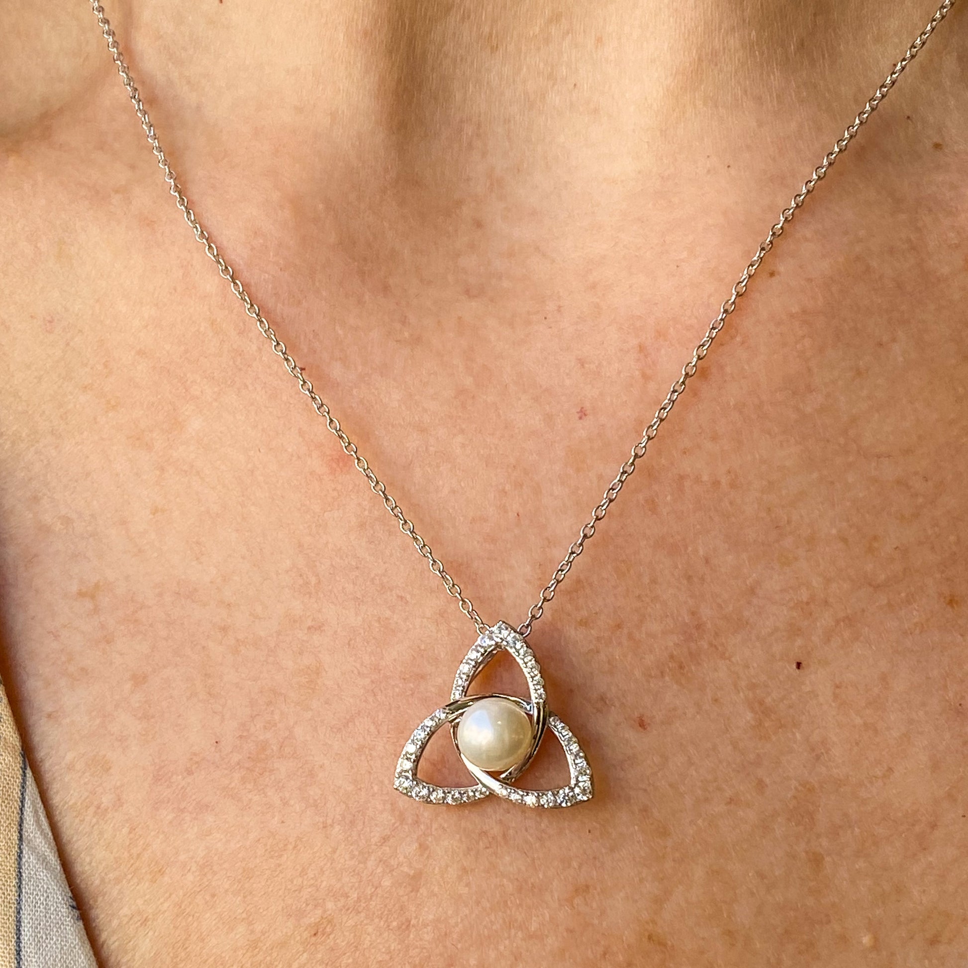 Silver Freshwater Pearl Trinity Knot Necklace - John Ross Jewellers