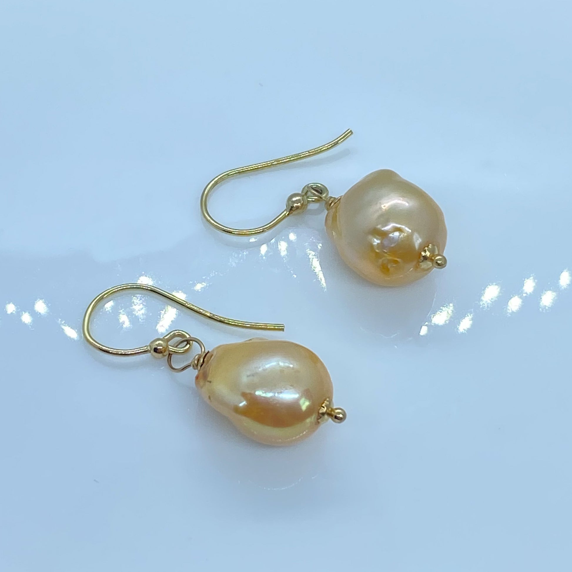 18ct Gold Golden Baroque Pearl Hook Drop Earrings - John Ross Jewellers