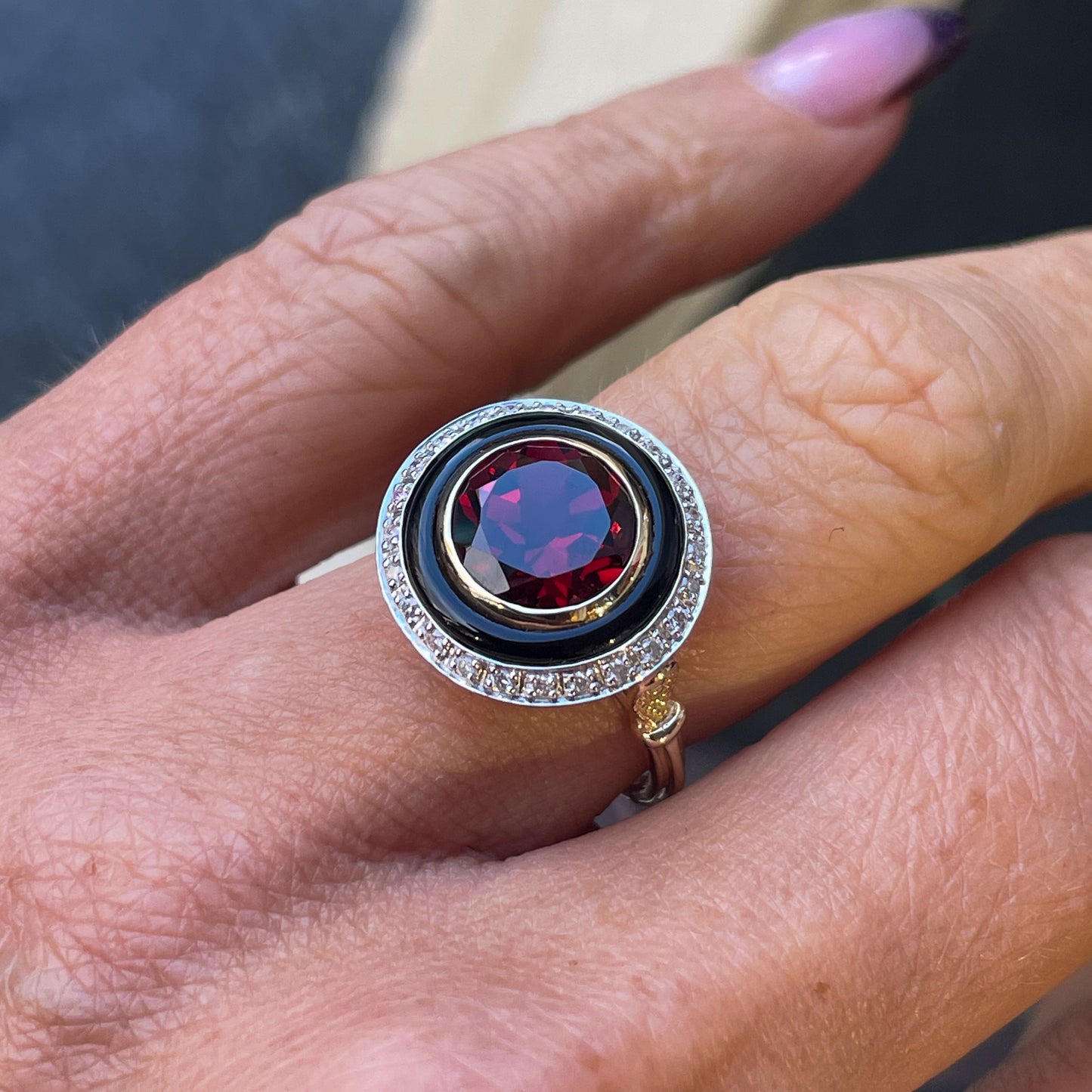 9ct Gold Garnet, Onyx & Diamond Ring - John Ross Jewellers