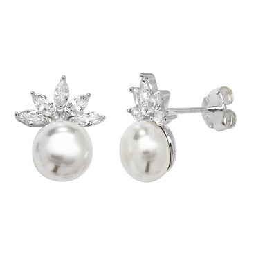Silver CZ Simulated Pearl Stud Earrings - John Ross Jewellers