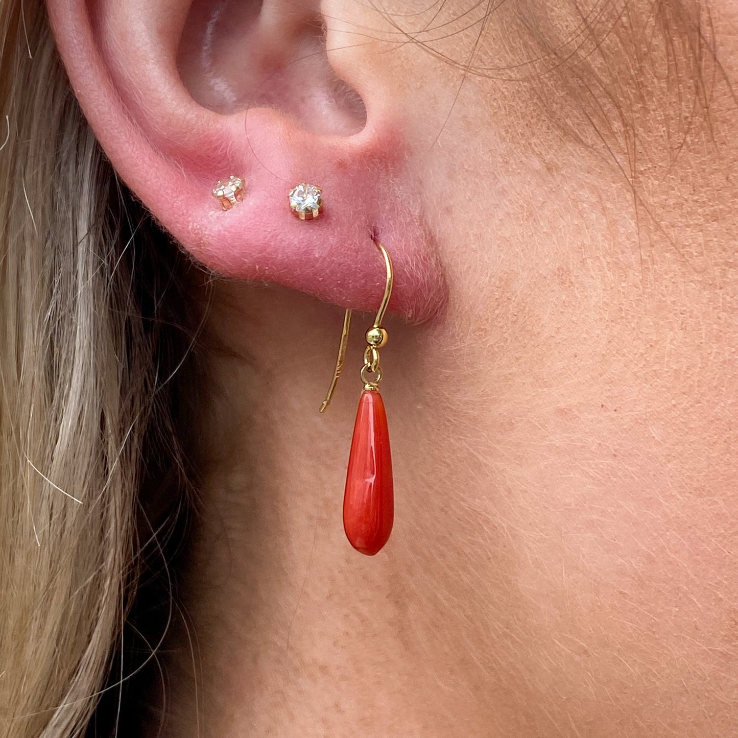 18ct Gold Red Coral Hook Drop Earrings | 28mm - John Ross Jewellers