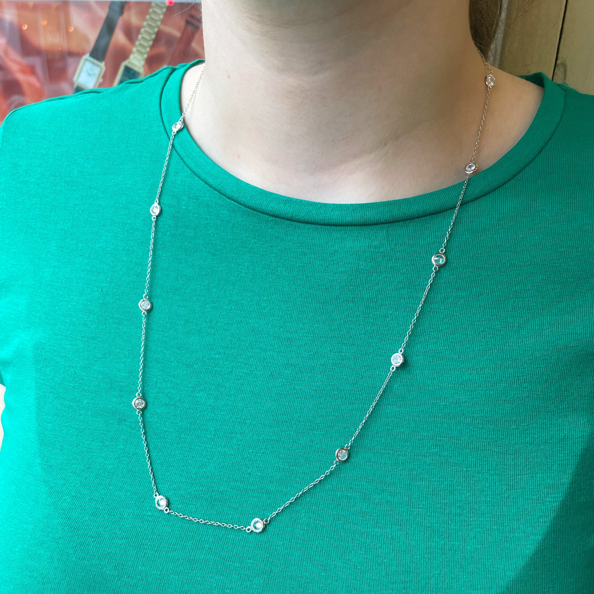 Silver CZ Station Necklace | 60cm - John Ross Jewellers