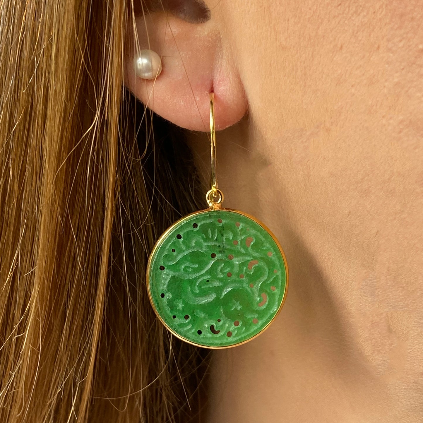 Carved Jade Hook Drop Earrings | Round - John Ross Jewellers