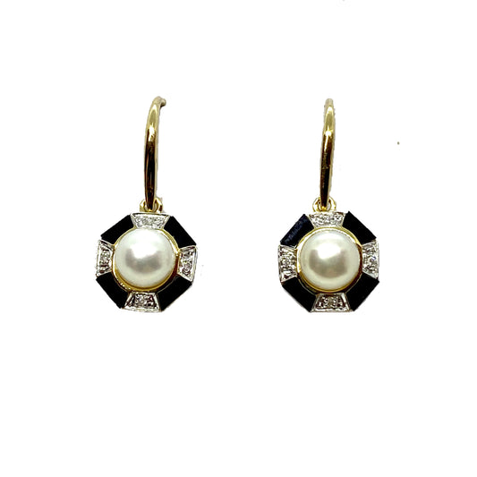 9ct Gold Pearl, Onyx & Diamond Drop Earrings - John Ross Jewellers