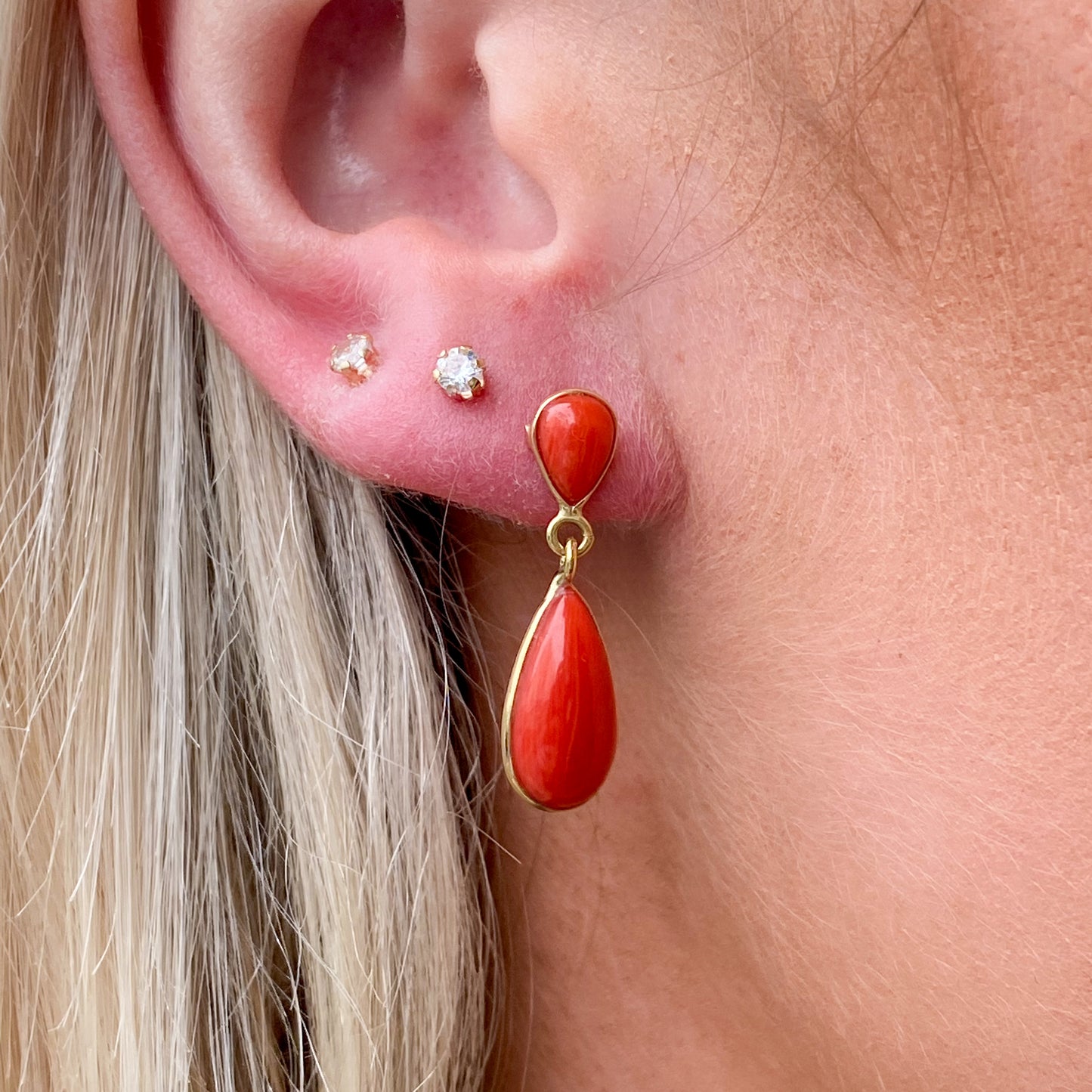 18ct Gold Red Coral Pear Drop Earrings | 26mm - John Ross Jewellers