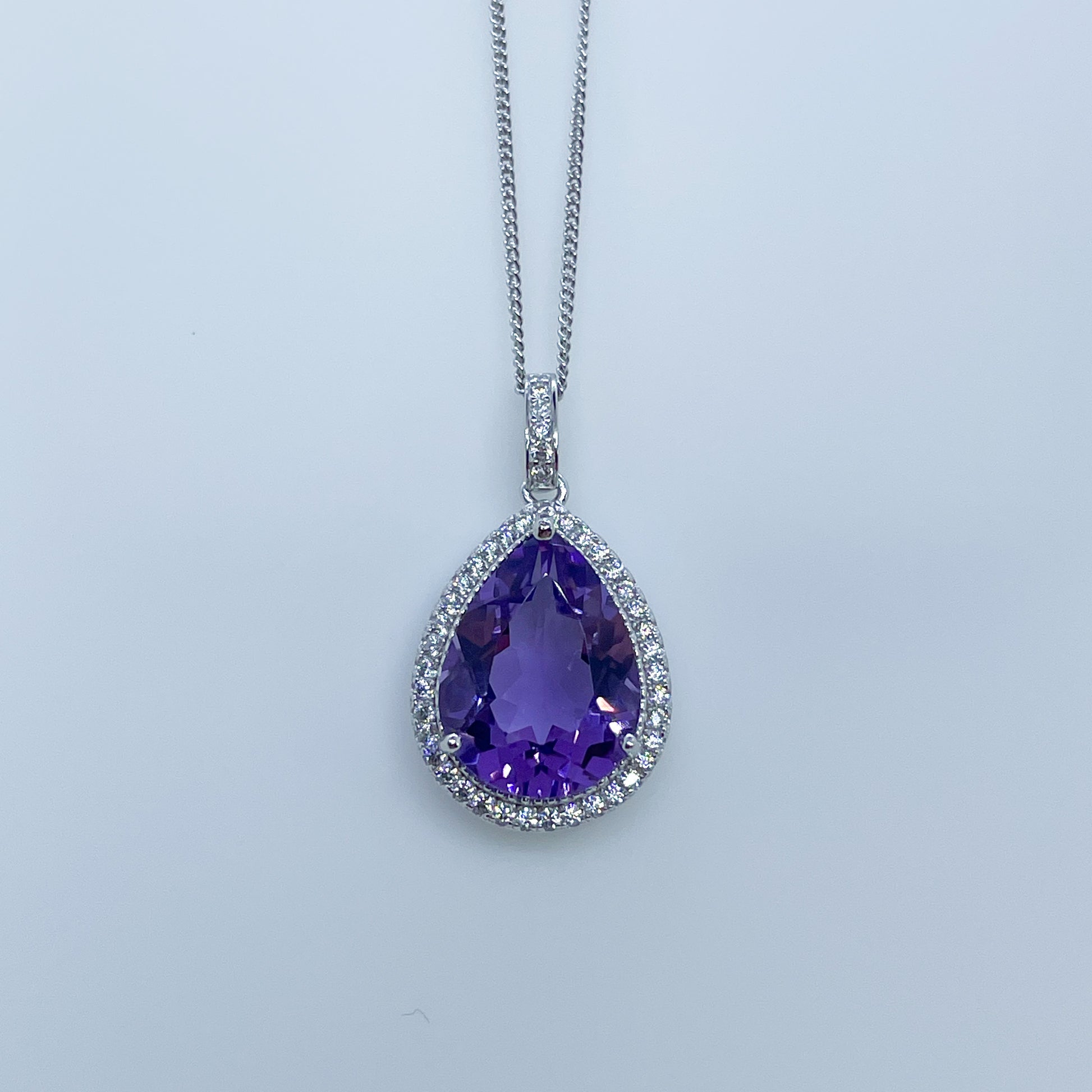 Silver Amethyst Pear Halo Necklace - John Ross Jewellers