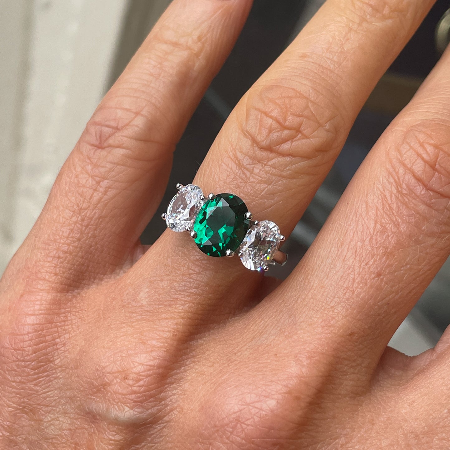 Silver Created Emerald CZ Trilogy Ring - John Ross Jewellers