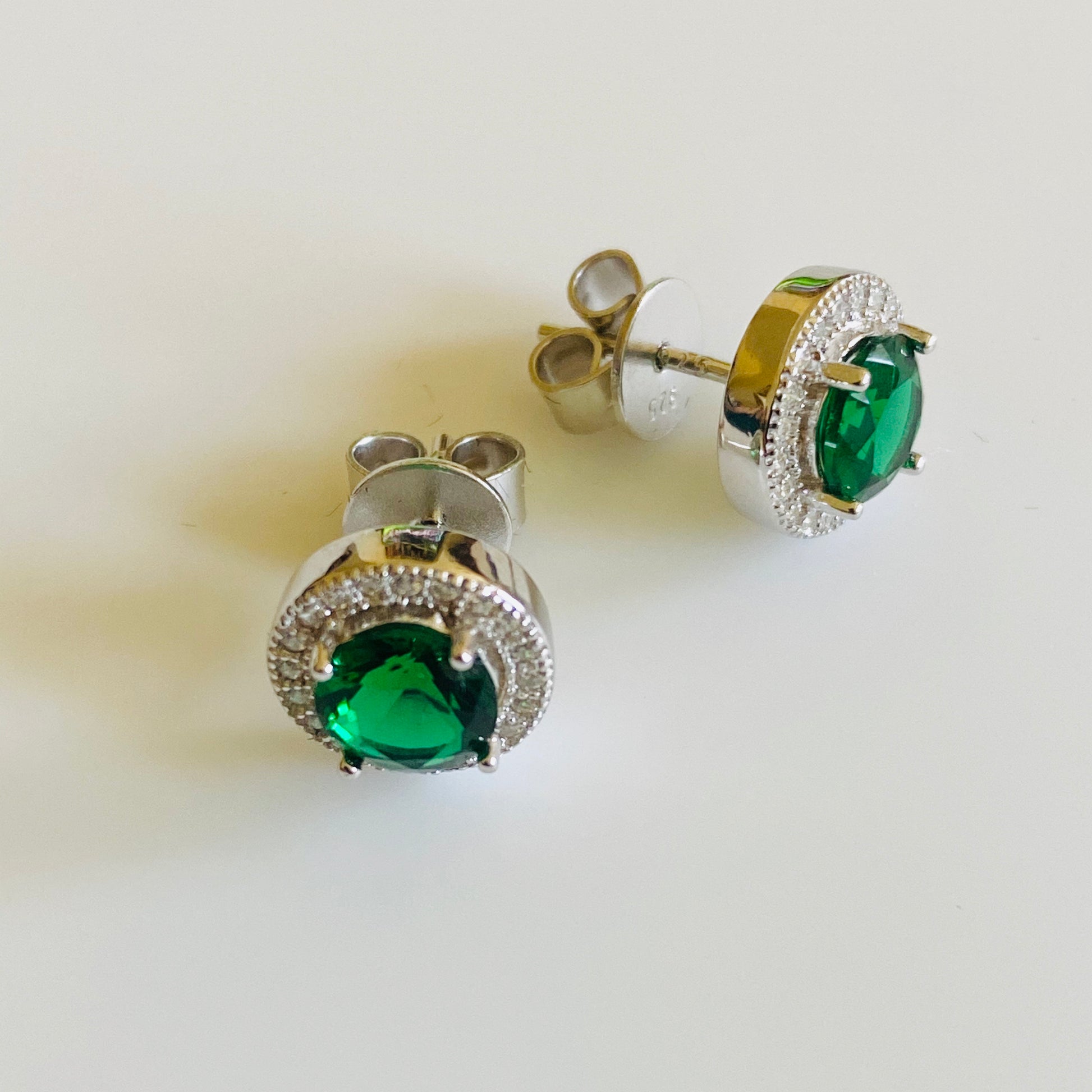 Silver Green & CZ Round Halo Earrings - John Ross Jewellers