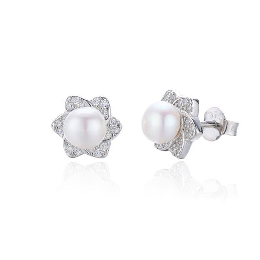 Silver CZ Freshwater Pearl Stud Earrings - John Ross Jewellers