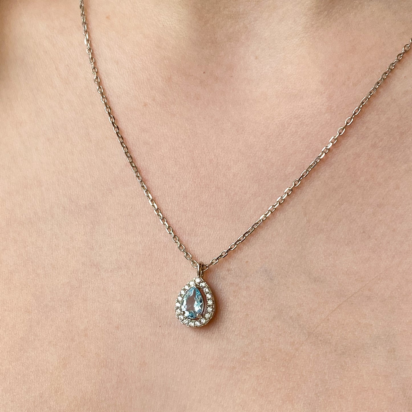 Silver Pear Sky Blue Topaz Halo Necklace - John Ross Jewellers