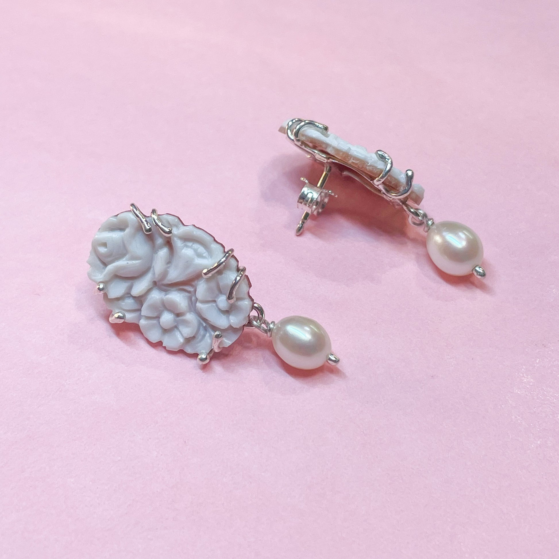 Floral Cameo & Pearl Drop Earrings - Small - John Ross Jewellers