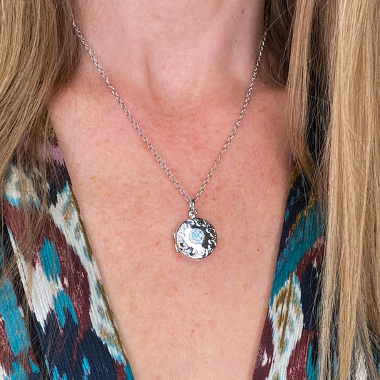 Silver Round Sky Blue Topaz & CZ Embossed Locket and Chain - John Ross Jewellers