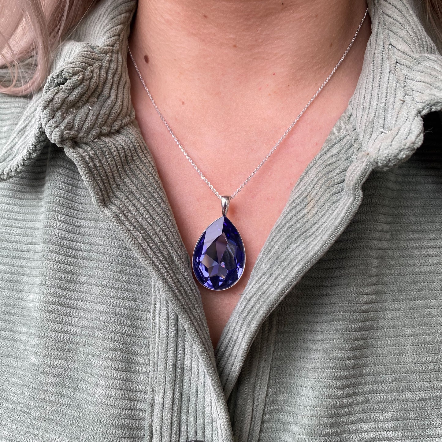 Silver Large Created Tanzanite Pear Necklace - John Ross Jewellers