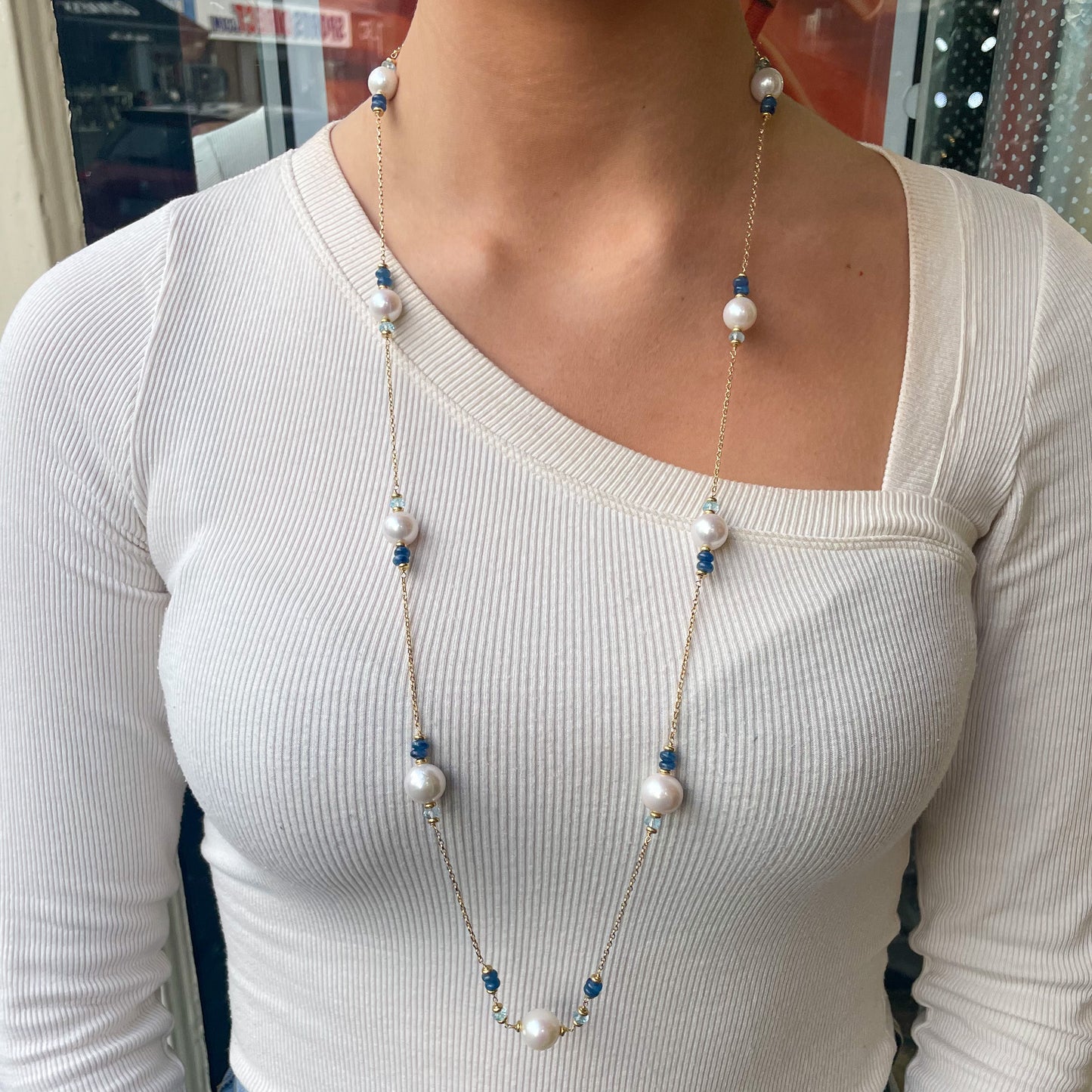 18ct Gold Pearl & Blue Gemstone Necklace - John Ross Jewellers