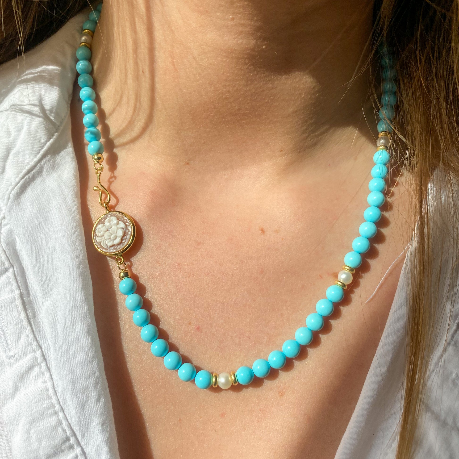 Synthetic Turquoise, Floral Sardonyx Cameo & Freshwater Pearl Necklace | 48cm - John Ross Jewellers