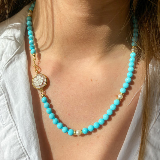 Synthetic Turquoise, Floral Sardonyx Cameo & Freshwater Pearl Necklace | 48cm - John Ross Jewellers