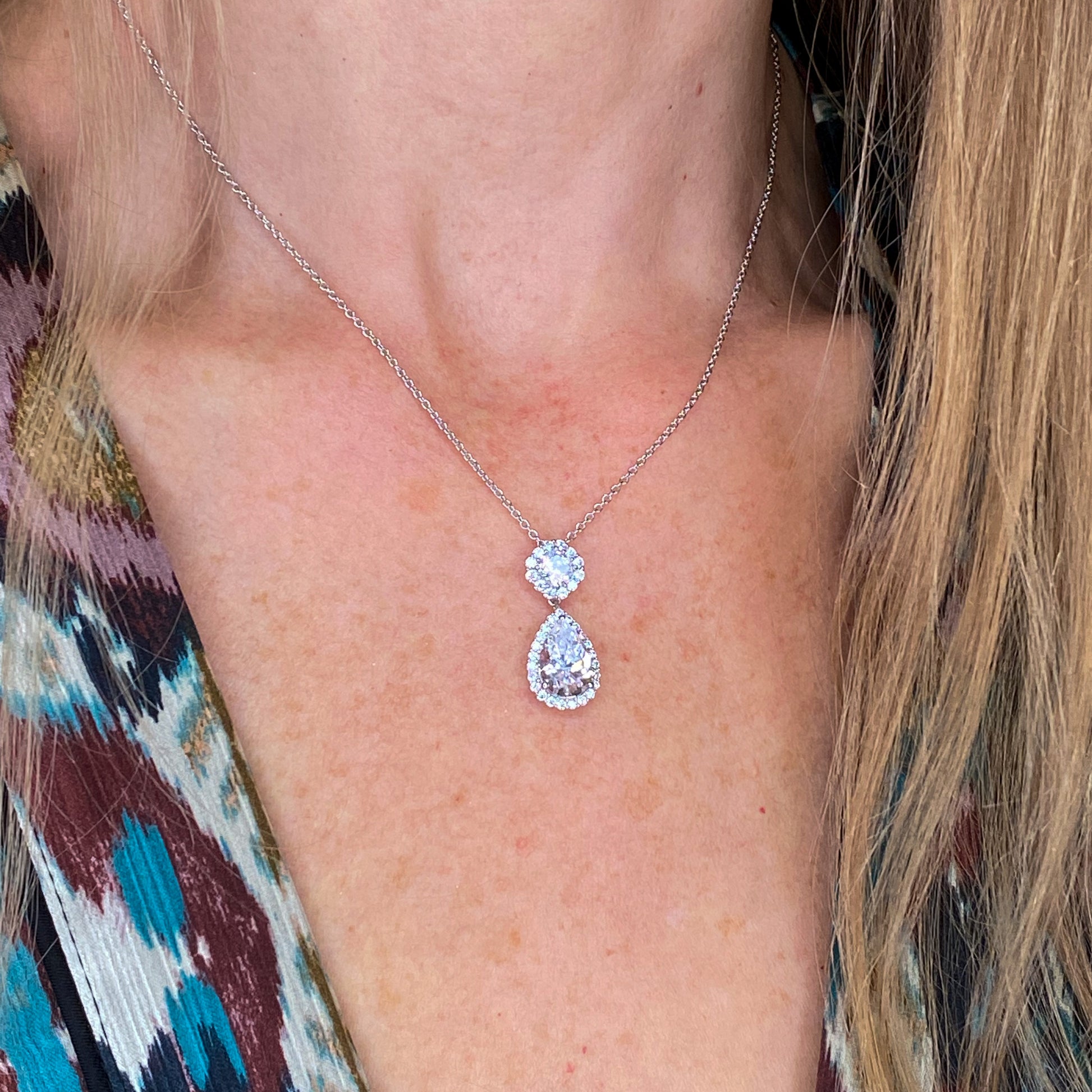 Silver CZ Cushion & Pear Halo Necklace - John Ross Jewellers