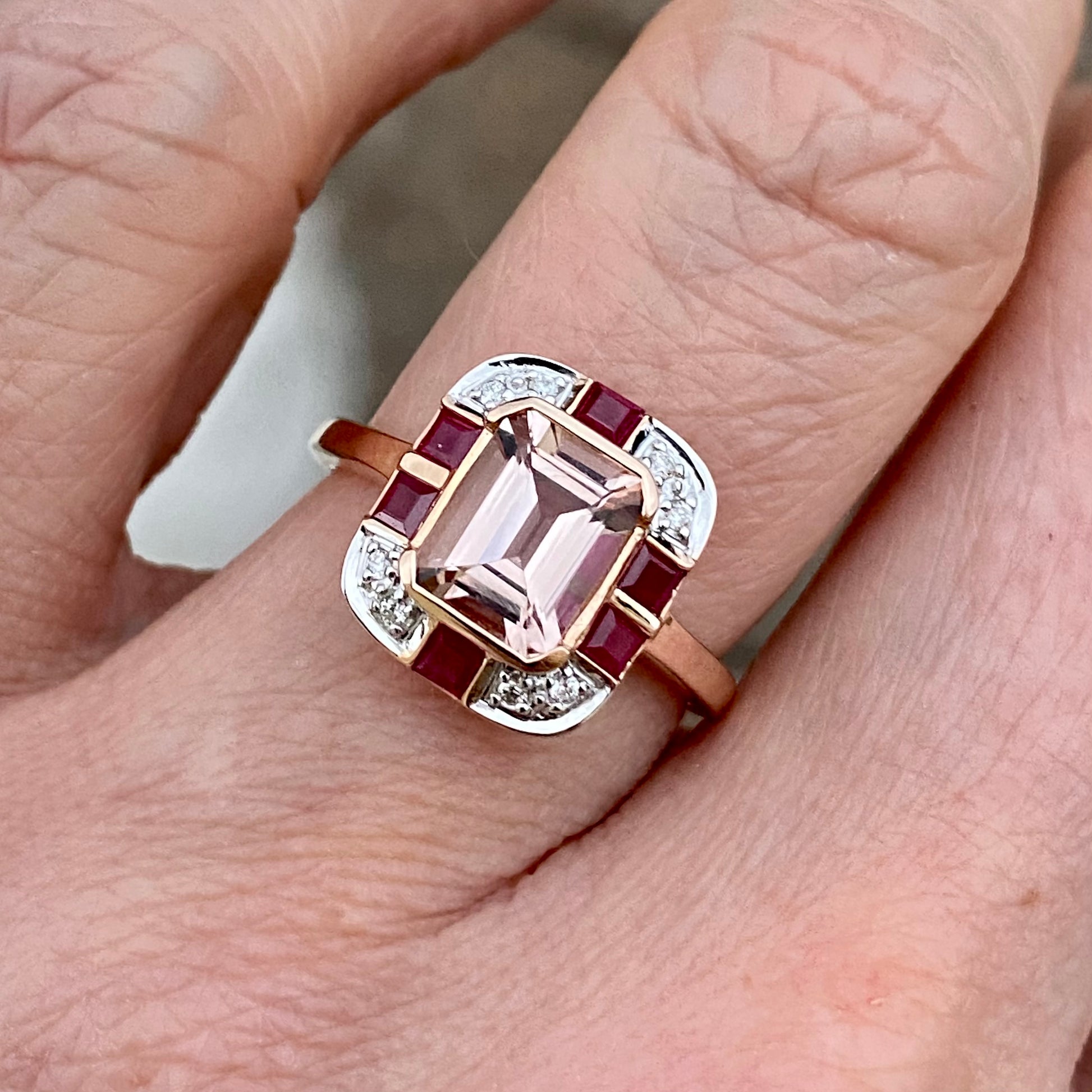 9ct Rose Gold Morganite, Ruby & Diamond Ring - John Ross Jewellers