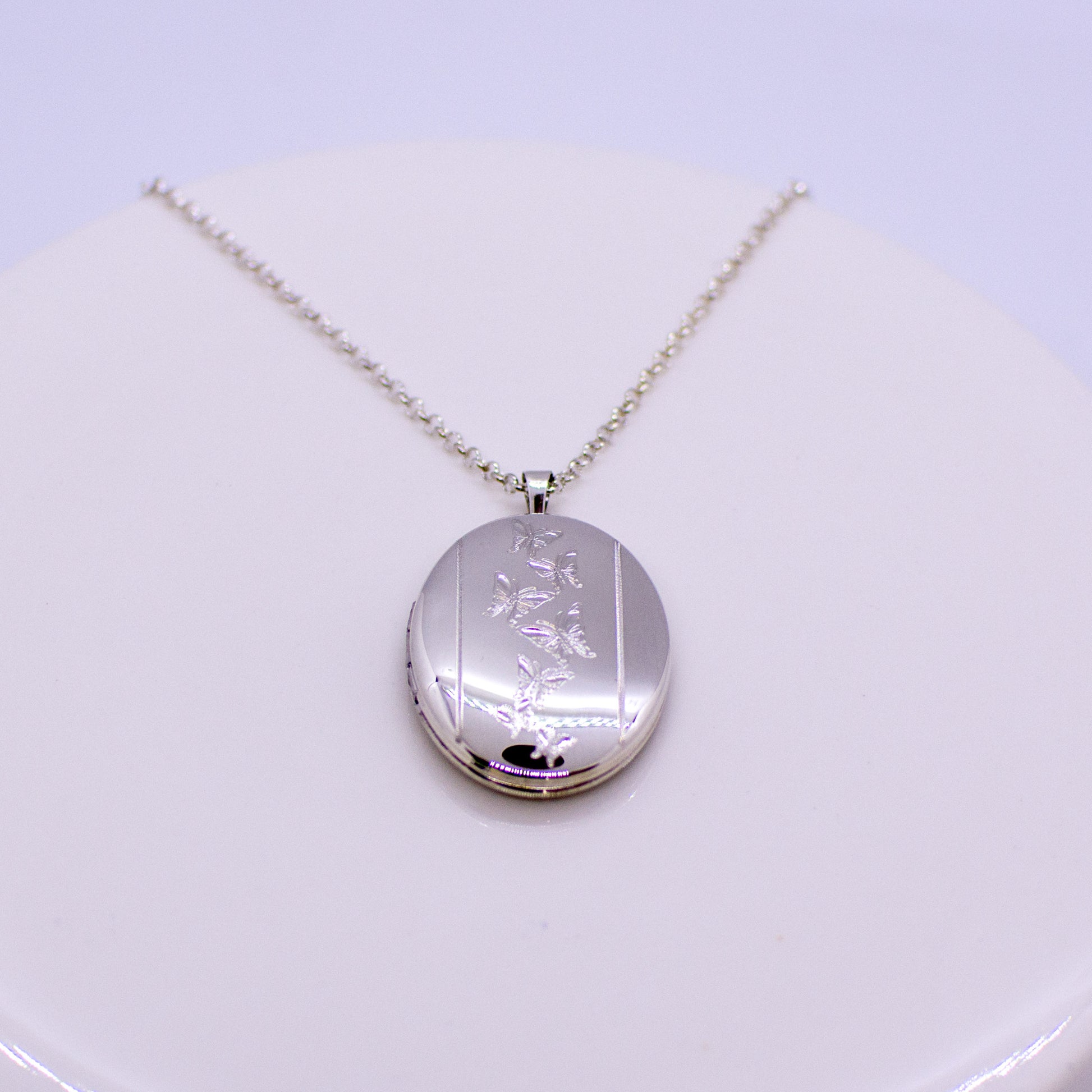 Silver Oval Butterflies Locket and Chain - John Ross Jewellers