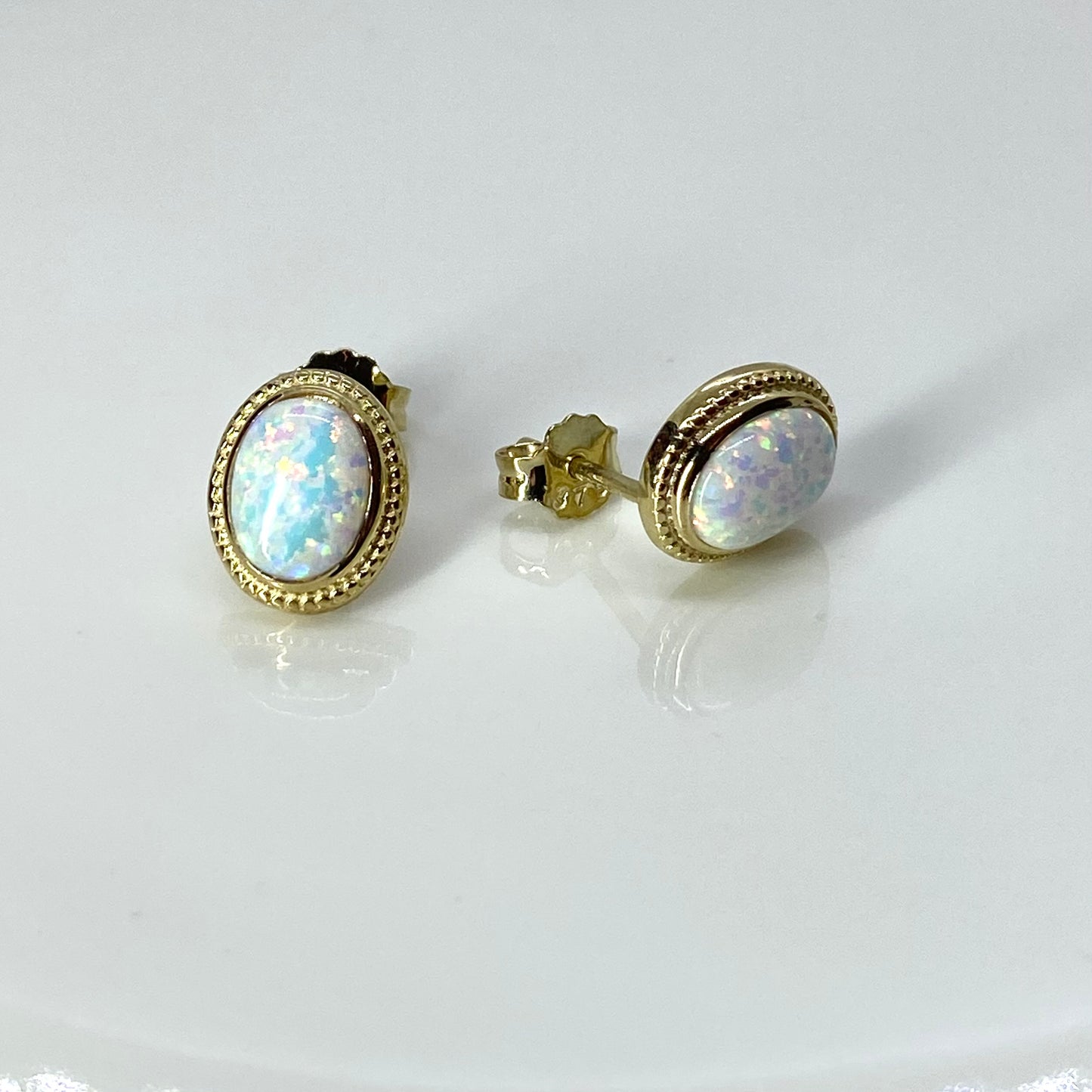 9ct Gold Oval Opalique Stud Earrings with Beaded Edge - John Ross Jewellers