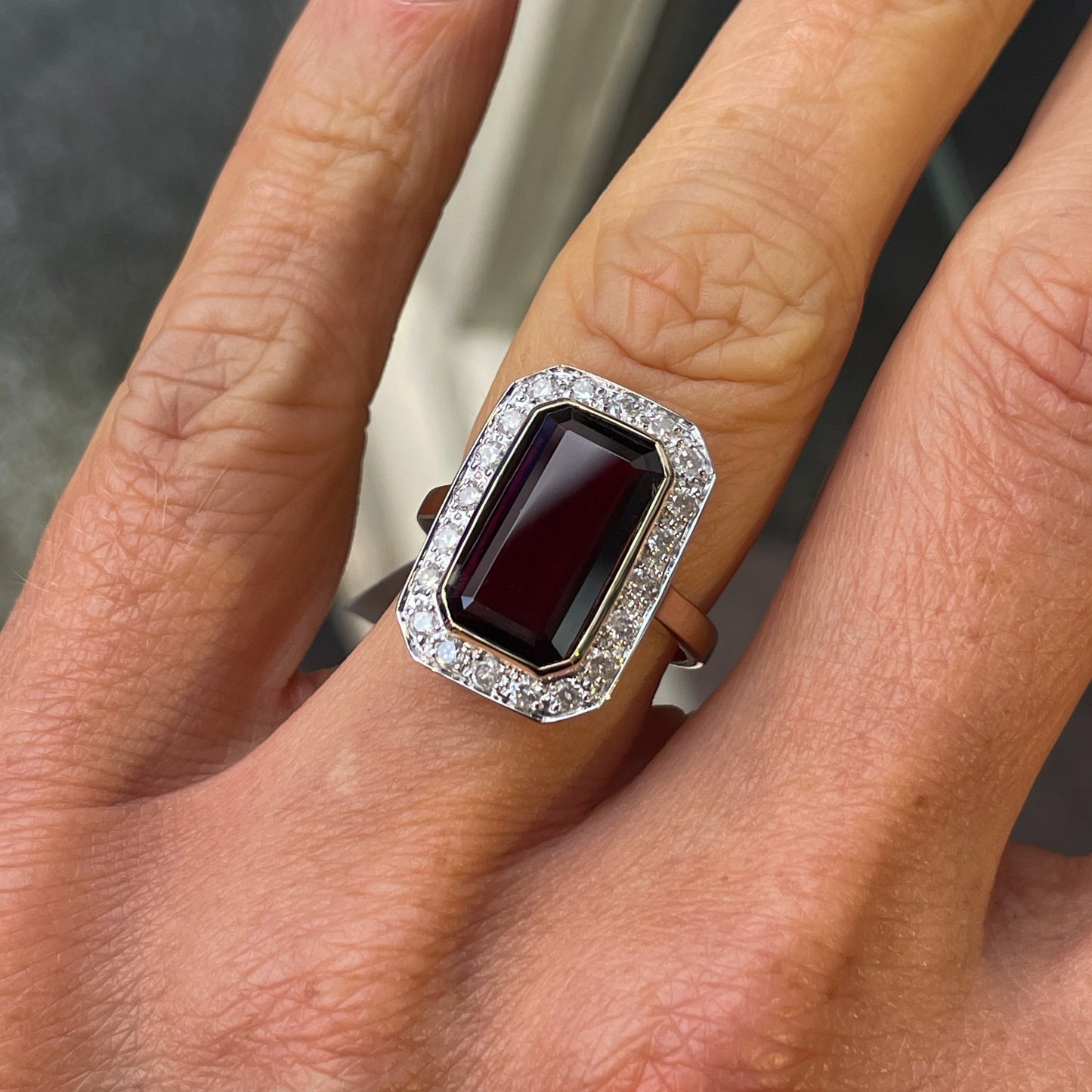 9ct Gold Elongated Garnet & Diamond Ring - John Ross Jewellers