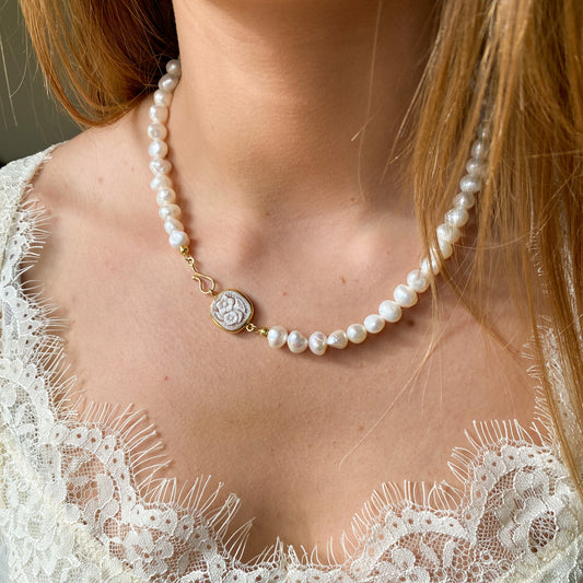 Floral Cameo & Freshwater Pearl Necklace 8mm-10mm | 48cm - John Ross Jewellers