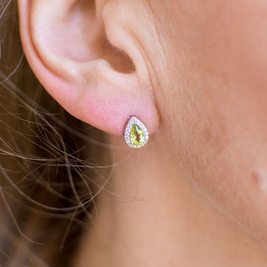 Silver Peridot Pear Halo Earrings - John Ross Jewellers