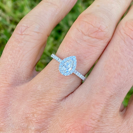 Platinum 0.65ct GHSI Pear Cut Solitaire Halo Diamond Ring - Non Certified   0.65ct in total