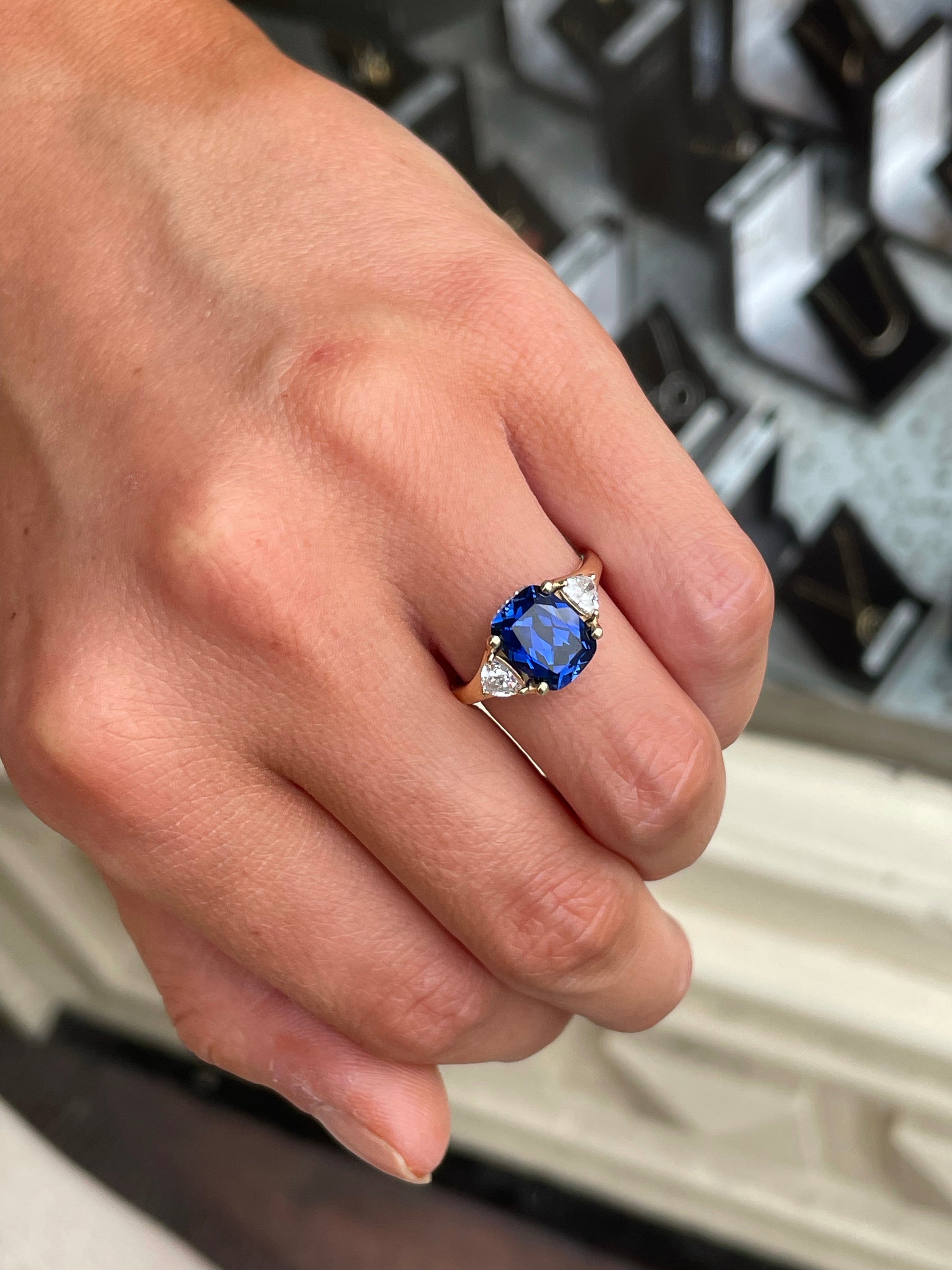 9ct Gold Created Sapphire & CZ Trilogy Ring - John Ross Jewellers