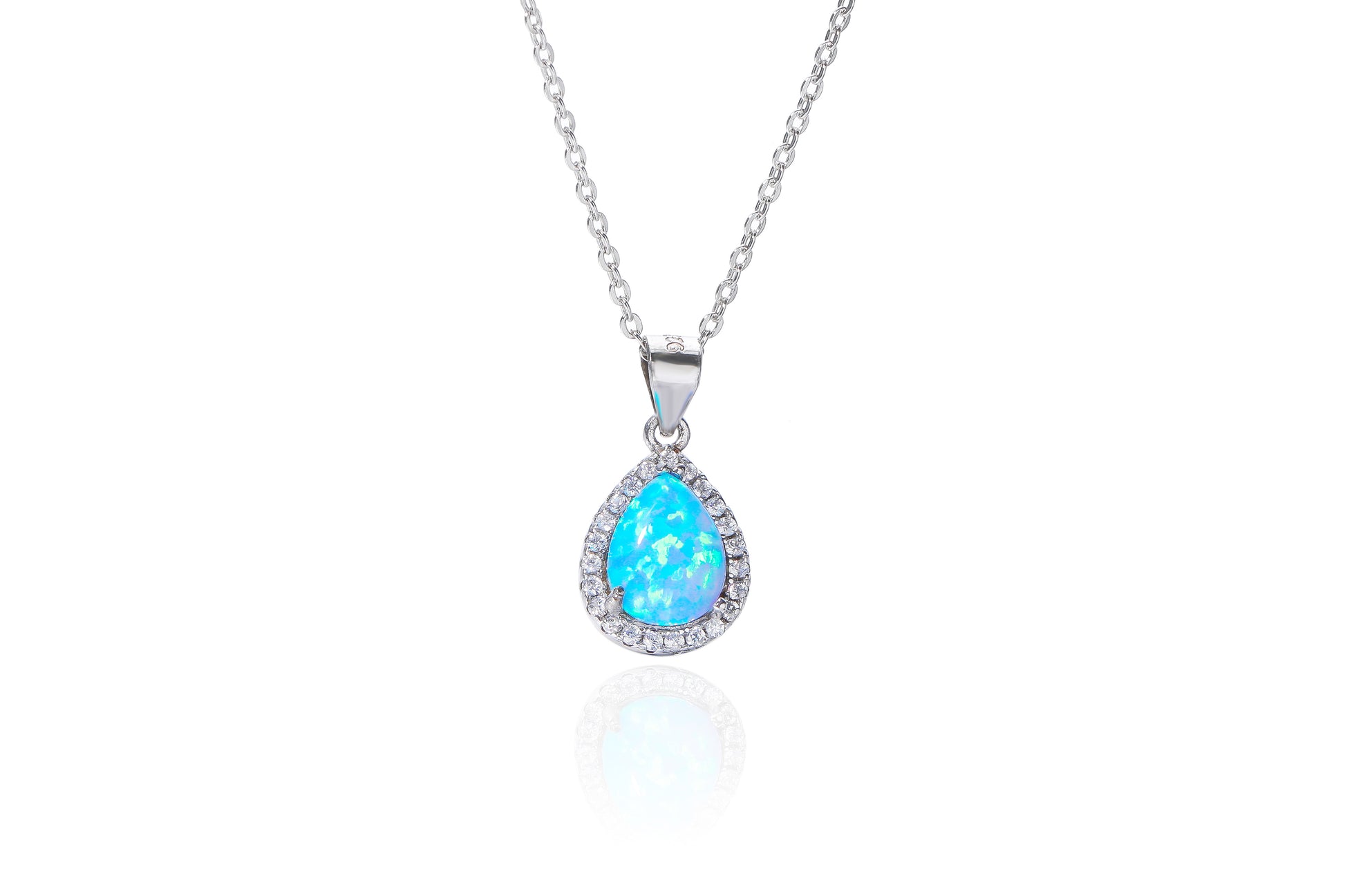 Silver Pear Blue Opalique & CZ Halo Necklace - John Ross Jewellers