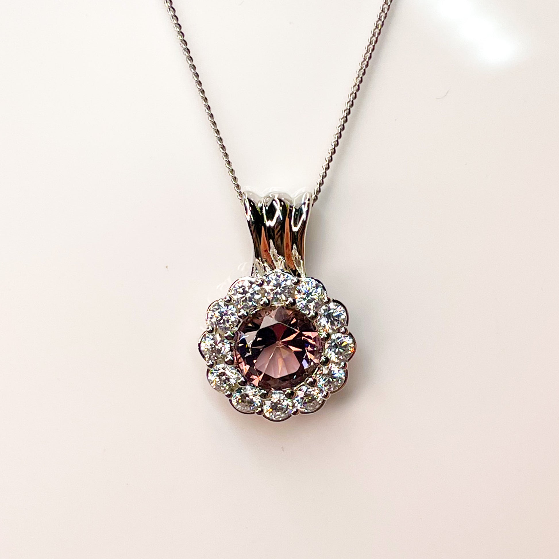 Silver Morganite Pink CZ Halo Necklace - John Ross Jewellers