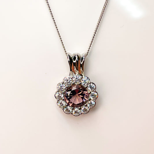Silver Morganite Pink CZ Halo Necklace - John Ross Jewellers