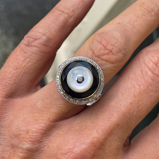 9ct Gold Mother of Pearl, Onyx & Diamond Ring - John Ross Jewellers