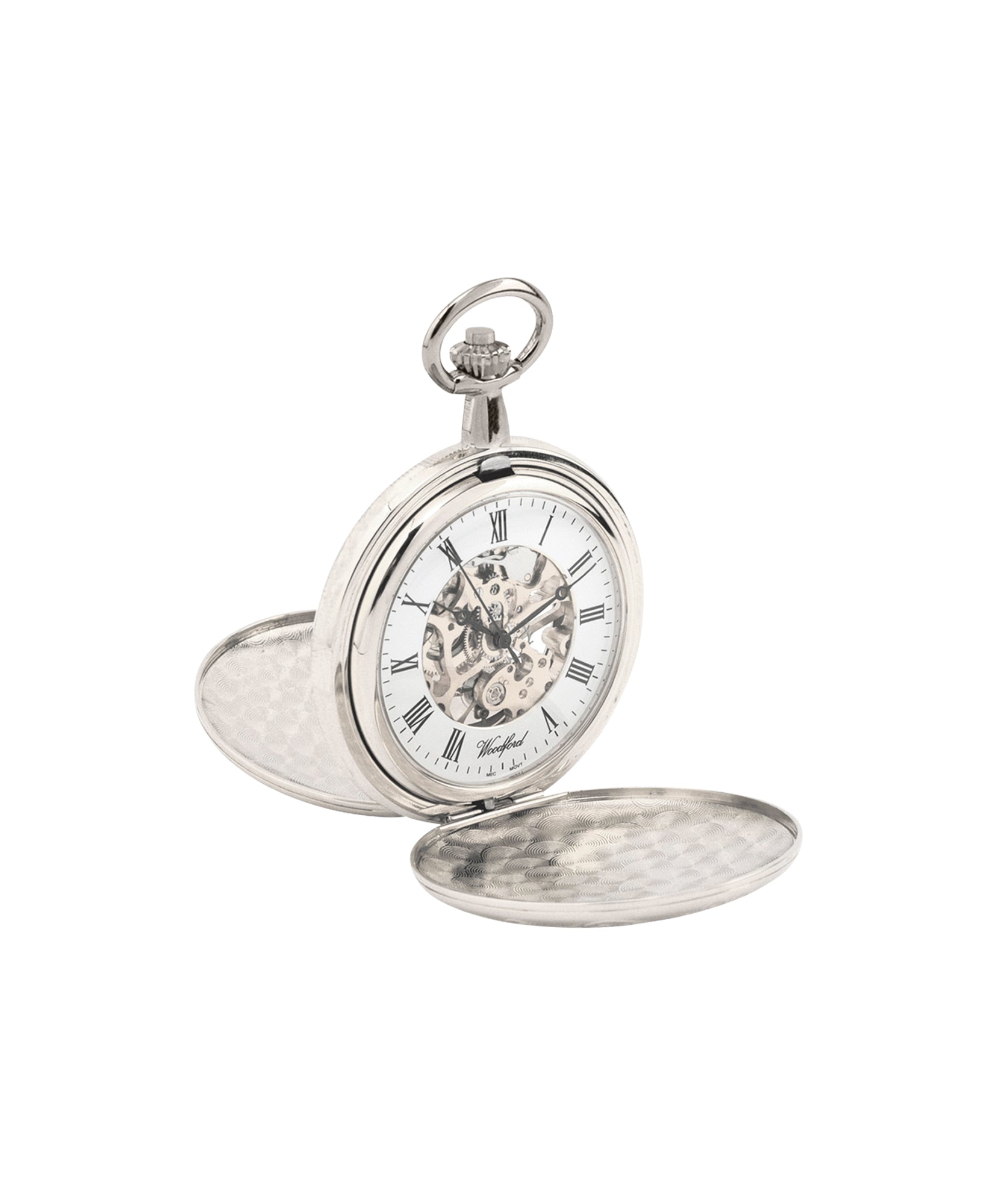 Burleigh Chrome Skeleton Pocket Watch With Chain  This is a wind up watch. It comes with a matching watch chain.